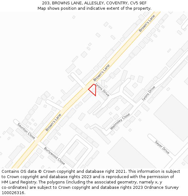 203, BROWNS LANE, ALLESLEY, COVENTRY, CV5 9EF: Location map and indicative extent of plot