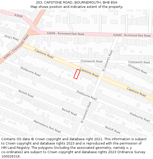 203, CAPSTONE ROAD, BOURNEMOUTH, BH8 8SA: Location map and indicative extent of plot