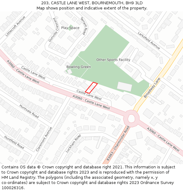 203, CASTLE LANE WEST, BOURNEMOUTH, BH9 3LD: Location map and indicative extent of plot