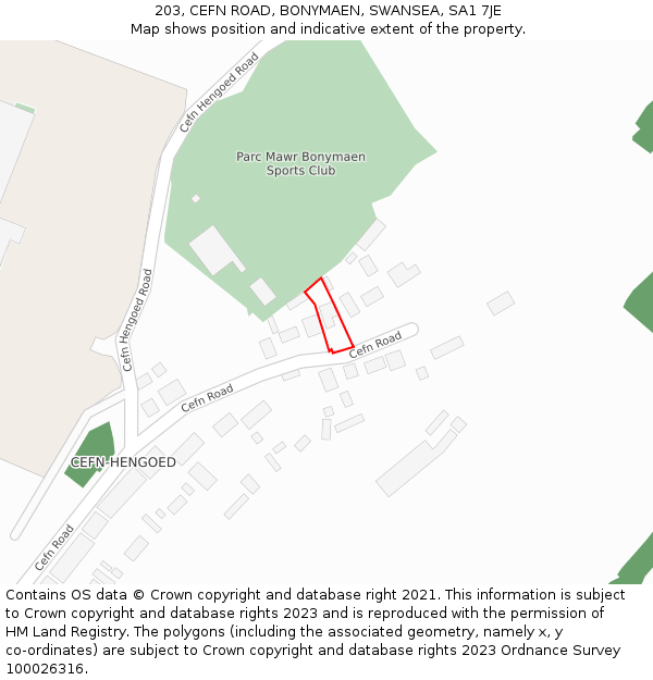 203, CEFN ROAD, BONYMAEN, SWANSEA, SA1 7JE: Location map and indicative extent of plot