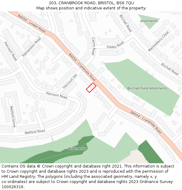 203, CRANBROOK ROAD, BRISTOL, BS6 7QU: Location map and indicative extent of plot