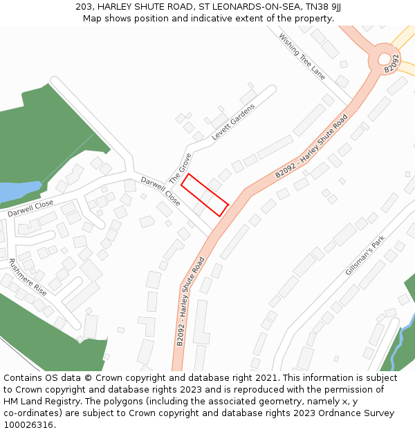 203, HARLEY SHUTE ROAD, ST LEONARDS-ON-SEA, TN38 9JJ: Location map and indicative extent of plot