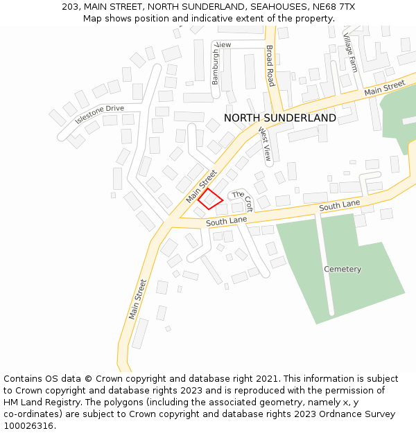 203, MAIN STREET, NORTH SUNDERLAND, SEAHOUSES, NE68 7TX: Location map and indicative extent of plot