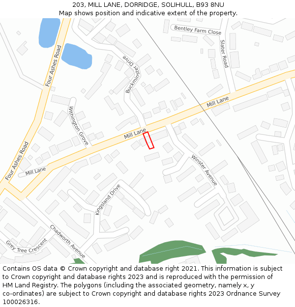 203, MILL LANE, DORRIDGE, SOLIHULL, B93 8NU: Location map and indicative extent of plot