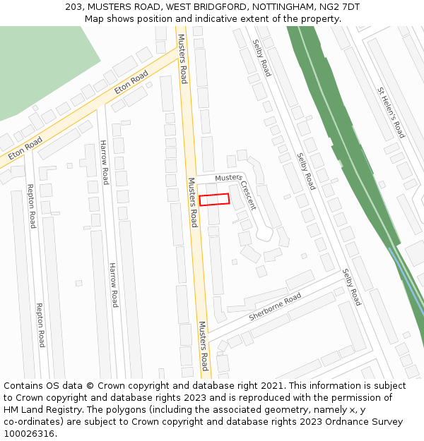 203, MUSTERS ROAD, WEST BRIDGFORD, NOTTINGHAM, NG2 7DT: Location map and indicative extent of plot