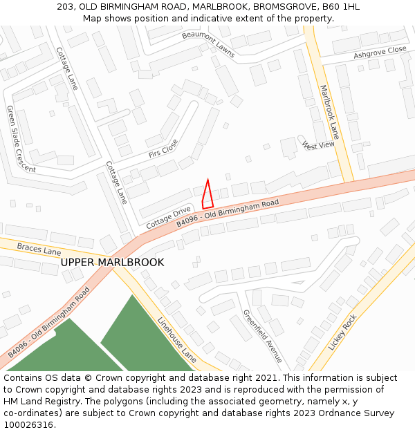 203, OLD BIRMINGHAM ROAD, MARLBROOK, BROMSGROVE, B60 1HL: Location map and indicative extent of plot