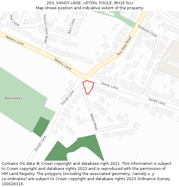 203, SANDY LANE, UPTON, POOLE, BH16 5LU: Location map and indicative extent of plot