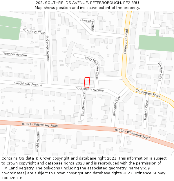 203, SOUTHFIELDS AVENUE, PETERBOROUGH, PE2 8RU: Location map and indicative extent of plot