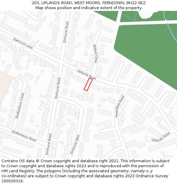 203, UPLANDS ROAD, WEST MOORS, FERNDOWN, BH22 0EZ: Location map and indicative extent of plot