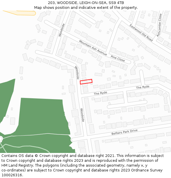 203, WOODSIDE, LEIGH-ON-SEA, SS9 4TB: Location map and indicative extent of plot