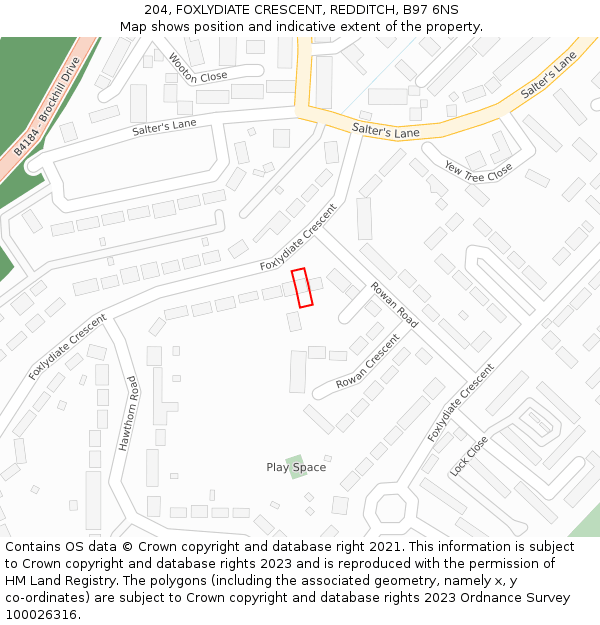 204, FOXLYDIATE CRESCENT, REDDITCH, B97 6NS: Location map and indicative extent of plot