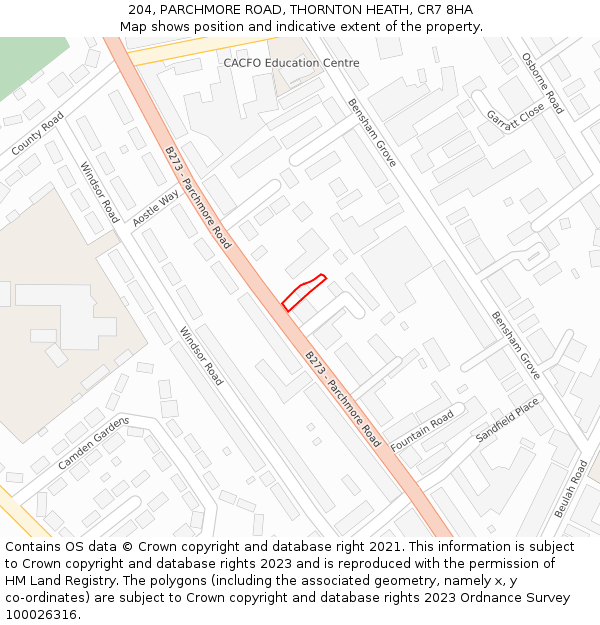 204, PARCHMORE ROAD, THORNTON HEATH, CR7 8HA: Location map and indicative extent of plot