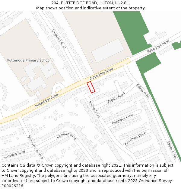 204, PUTTERIDGE ROAD, LUTON, LU2 8HJ: Location map and indicative extent of plot