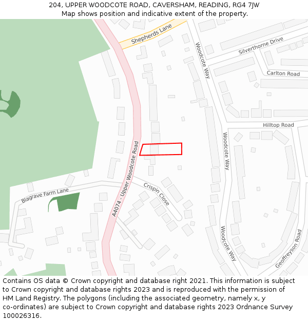 204, UPPER WOODCOTE ROAD, CAVERSHAM, READING, RG4 7JW: Location map and indicative extent of plot