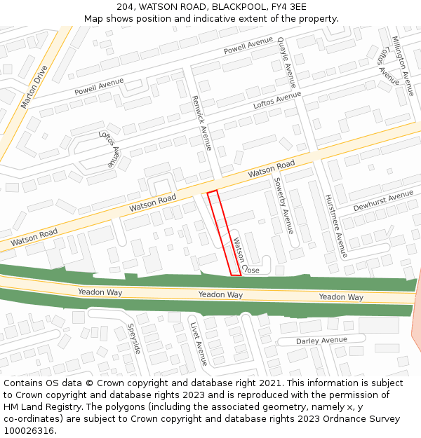 204, WATSON ROAD, BLACKPOOL, FY4 3EE: Location map and indicative extent of plot