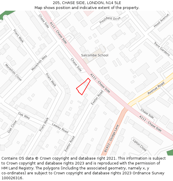 205, CHASE SIDE, LONDON, N14 5LE: Location map and indicative extent of plot