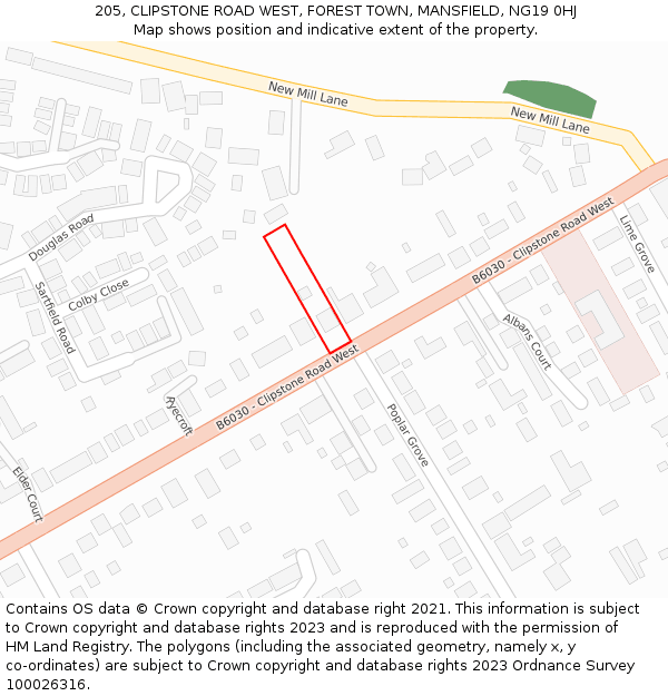 205, CLIPSTONE ROAD WEST, FOREST TOWN, MANSFIELD, NG19 0HJ: Location map and indicative extent of plot