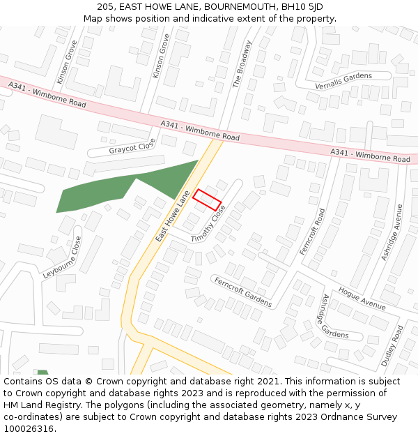 205, EAST HOWE LANE, BOURNEMOUTH, BH10 5JD: Location map and indicative extent of plot