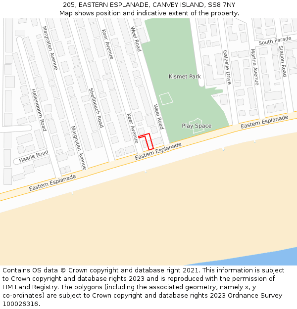 205, EASTERN ESPLANADE, CANVEY ISLAND, SS8 7NY: Location map and indicative extent of plot