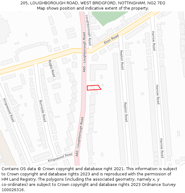 205, LOUGHBOROUGH ROAD, WEST BRIDGFORD, NOTTINGHAM, NG2 7EG: Location map and indicative extent of plot