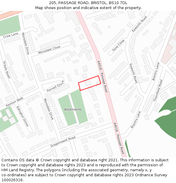 205, PASSAGE ROAD, BRISTOL, BS10 7DL: Location map and indicative extent of plot