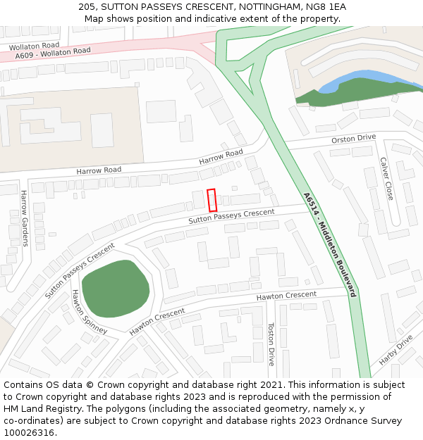 205, SUTTON PASSEYS CRESCENT, NOTTINGHAM, NG8 1EA: Location map and indicative extent of plot