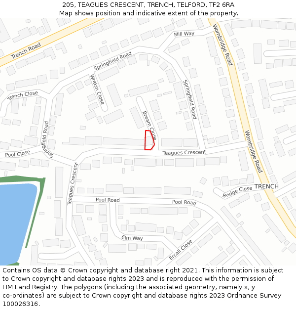 205, TEAGUES CRESCENT, TRENCH, TELFORD, TF2 6RA: Location map and indicative extent of plot