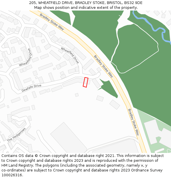 205, WHEATFIELD DRIVE, BRADLEY STOKE, BRISTOL, BS32 9DE: Location map and indicative extent of plot