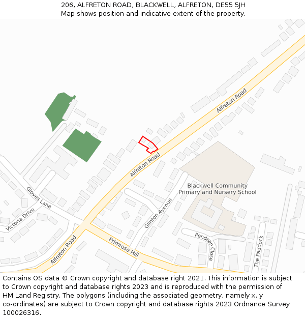 206, ALFRETON ROAD, BLACKWELL, ALFRETON, DE55 5JH: Location map and indicative extent of plot