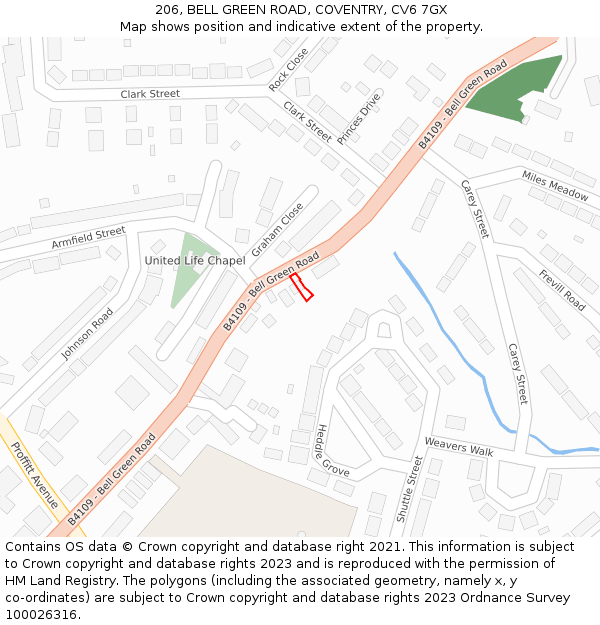 206, BELL GREEN ROAD, COVENTRY, CV6 7GX: Location map and indicative extent of plot