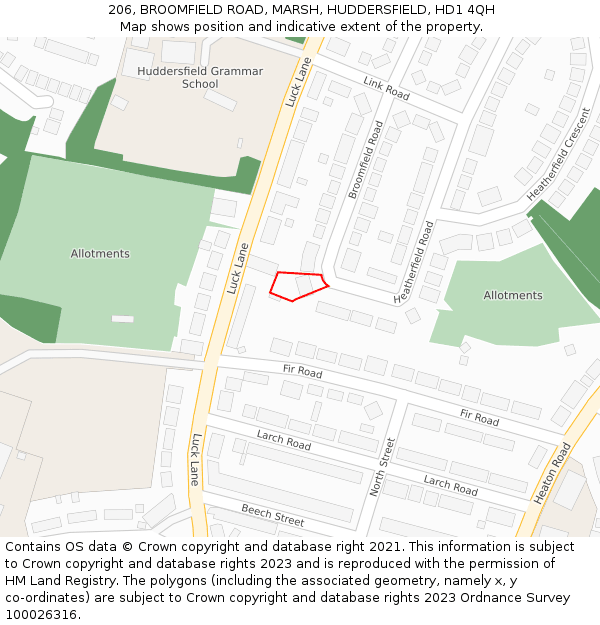 206, BROOMFIELD ROAD, MARSH, HUDDERSFIELD, HD1 4QH: Location map and indicative extent of plot