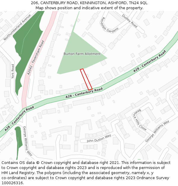 206, CANTERBURY ROAD, KENNINGTON, ASHFORD, TN24 9QL: Location map and indicative extent of plot