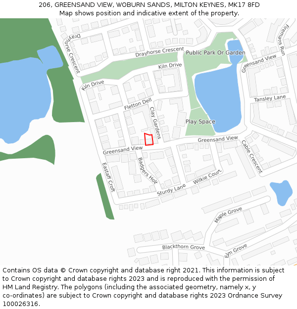 206, GREENSAND VIEW, WOBURN SANDS, MILTON KEYNES, MK17 8FD: Location map and indicative extent of plot