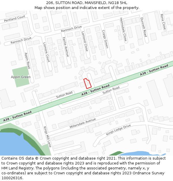 206, SUTTON ROAD, MANSFIELD, NG18 5HL: Location map and indicative extent of plot
