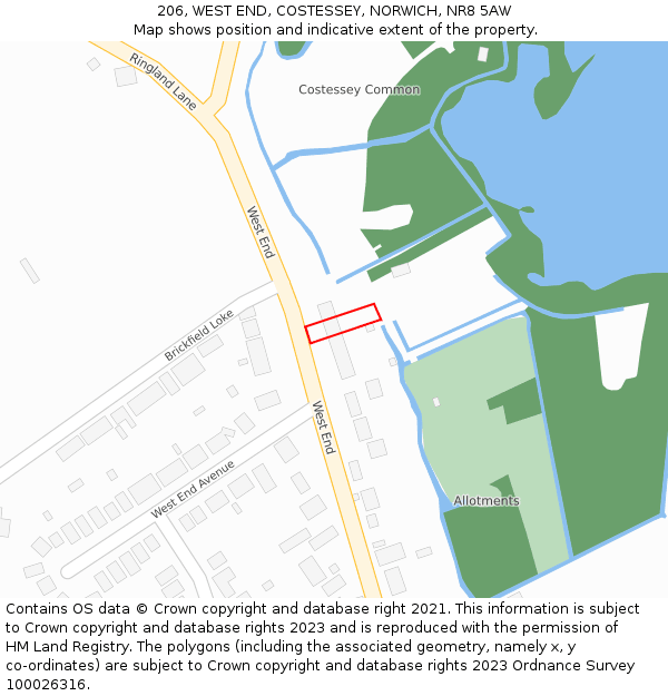 206, WEST END, COSTESSEY, NORWICH, NR8 5AW: Location map and indicative extent of plot