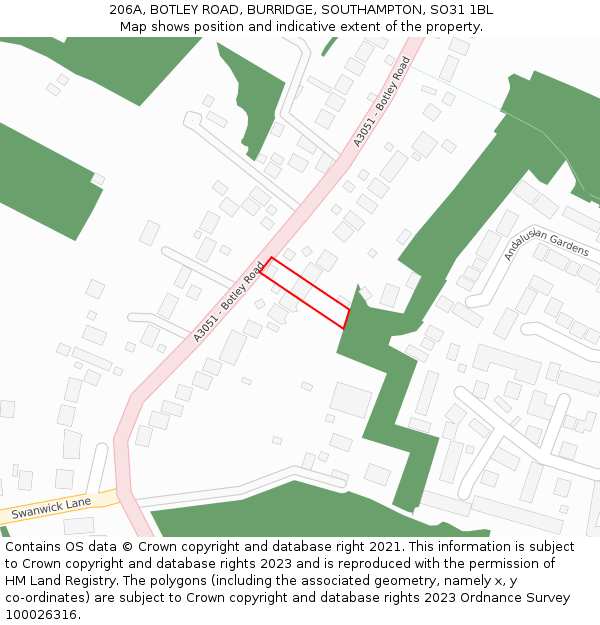 206A, BOTLEY ROAD, BURRIDGE, SOUTHAMPTON, SO31 1BL: Location map and indicative extent of plot