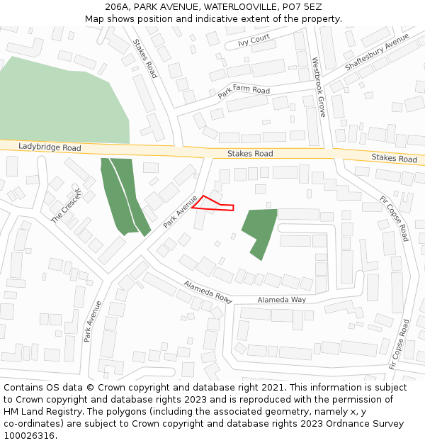 206A, PARK AVENUE, WATERLOOVILLE, PO7 5EZ: Location map and indicative extent of plot