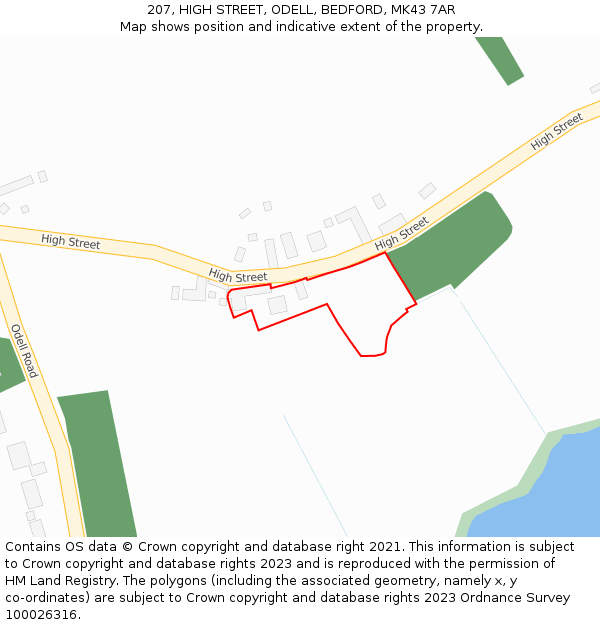 207, HIGH STREET, ODELL, BEDFORD, MK43 7AR: Location map and indicative extent of plot