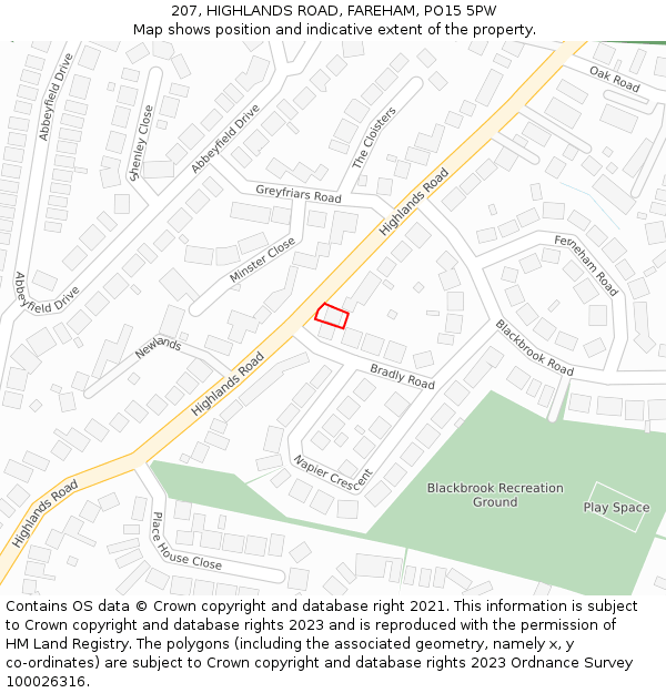 207, HIGHLANDS ROAD, FAREHAM, PO15 5PW: Location map and indicative extent of plot