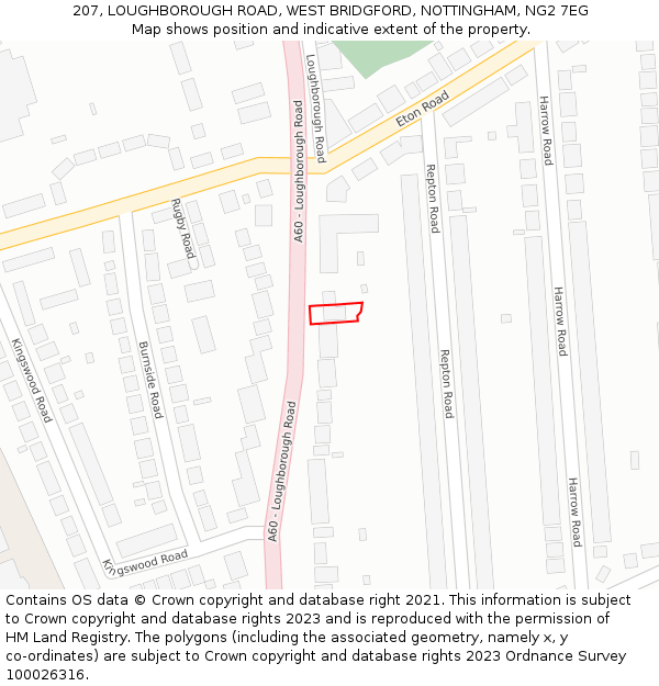 207, LOUGHBOROUGH ROAD, WEST BRIDGFORD, NOTTINGHAM, NG2 7EG: Location map and indicative extent of plot