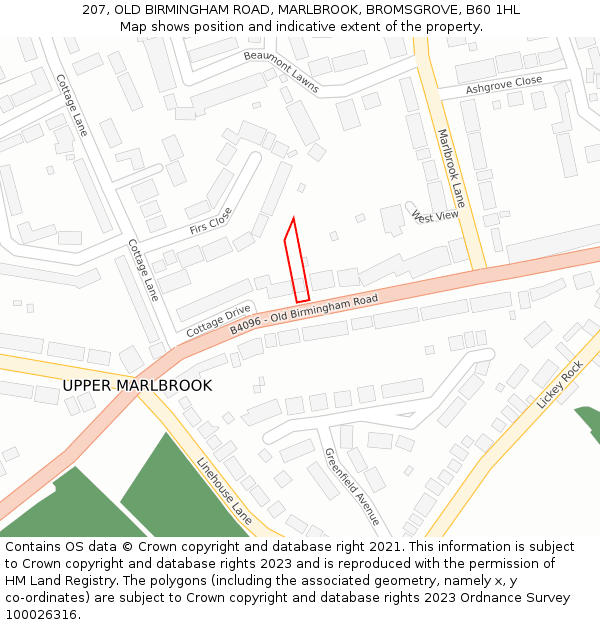 207, OLD BIRMINGHAM ROAD, MARLBROOK, BROMSGROVE, B60 1HL: Location map and indicative extent of plot