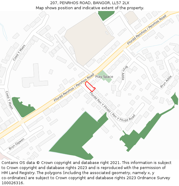 207, PENRHOS ROAD, BANGOR, LL57 2LX: Location map and indicative extent of plot