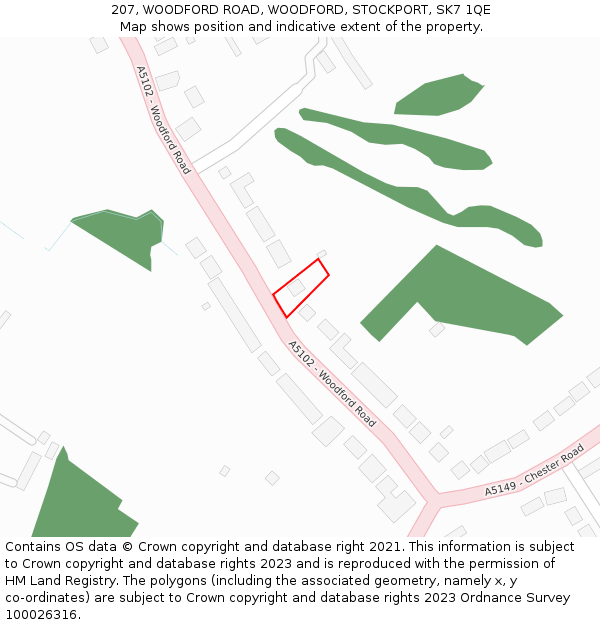 207, WOODFORD ROAD, WOODFORD, STOCKPORT, SK7 1QE: Location map and indicative extent of plot
