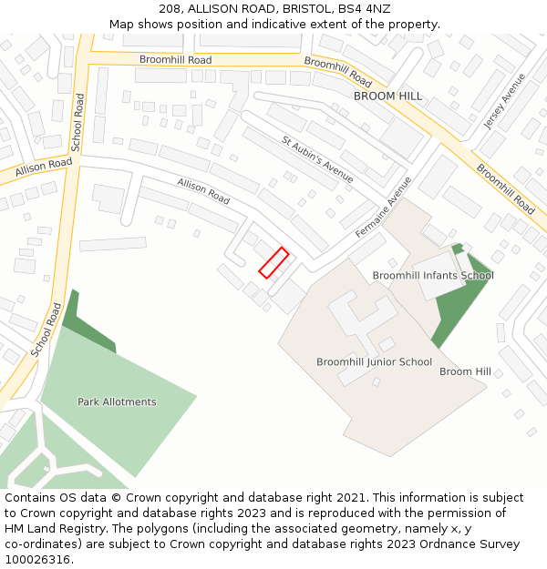 208, ALLISON ROAD, BRISTOL, BS4 4NZ: Location map and indicative extent of plot