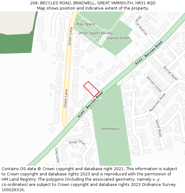 208, BECCLES ROAD, BRADWELL, GREAT YARMOUTH, NR31 8QD: Location map and indicative extent of plot