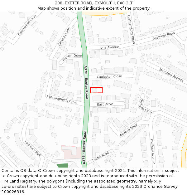 208, EXETER ROAD, EXMOUTH, EX8 3LT: Location map and indicative extent of plot