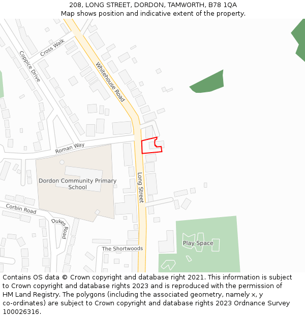 208, LONG STREET, DORDON, TAMWORTH, B78 1QA: Location map and indicative extent of plot