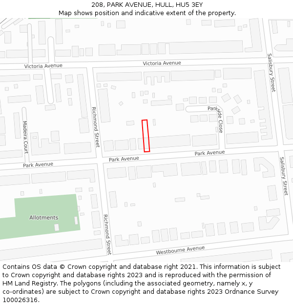 208, PARK AVENUE, HULL, HU5 3EY: Location map and indicative extent of plot