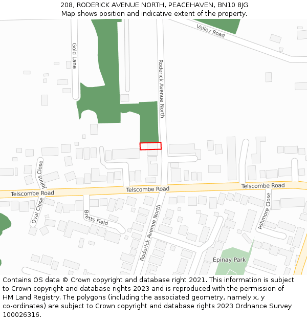 208, RODERICK AVENUE NORTH, PEACEHAVEN, BN10 8JG: Location map and indicative extent of plot