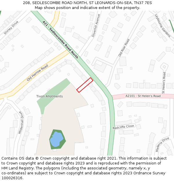 208, SEDLESCOMBE ROAD NORTH, ST LEONARDS-ON-SEA, TN37 7ES: Location map and indicative extent of plot